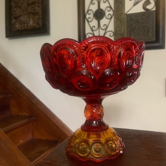 Vintage Other - Vintage Mid Century Modern Moon & Stars Red Amberina Glass Round Pedestal Bowl